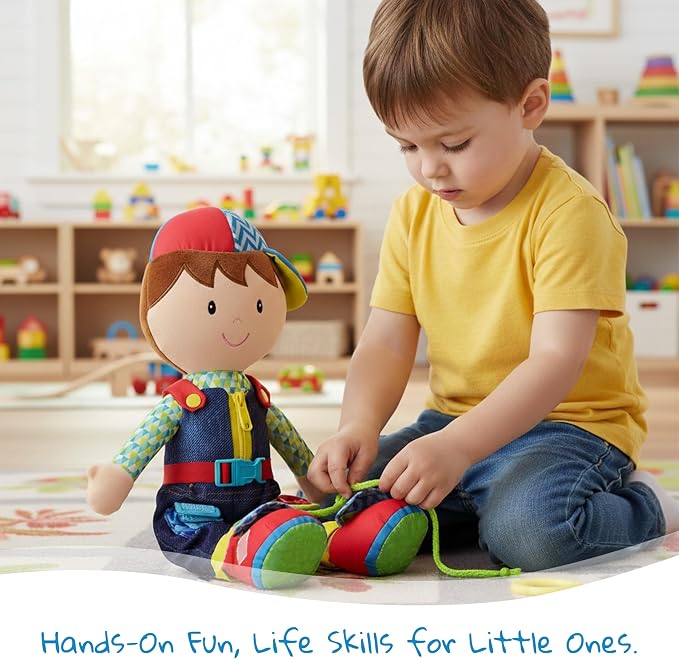 June Garden 15.5" Dressy Friends Lucas - Educational Stuffed Plush Doll for Kids and Toddlers 2 Years and Up - Montessori Buckle Soft Toy - Image 4