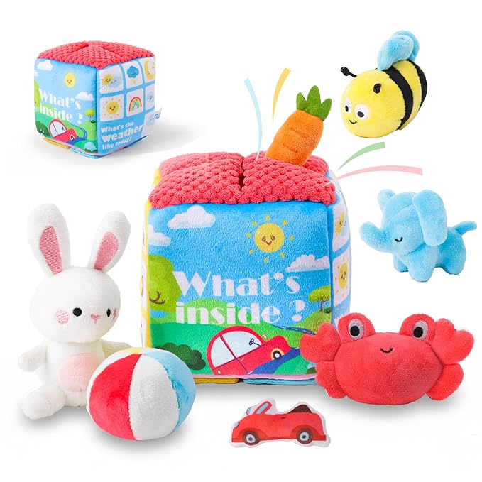 Baby Toys 6-12 Months - Mystery Soft Box with 8 Sensory Plush, Whats Inside Box with Rattle, Crinkle, Mirror, Montessori Toys for Toddlers 1-3, Early Development Christmas Birthday Gift