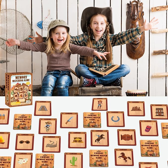 gisgfim 100 PCS Memory Matching Game Cowboy Concentration Memory Card Games for Kids Educational A Fun & Fast Western Party Favor Wild West Theme Matching Games - Image 4