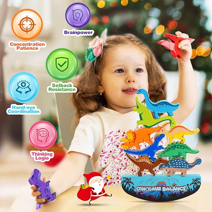 IPOURUP Dinosaur Toys for Kids 3-5: Wooden Stacking Montessori Toys for 3 4 5 6 7 8 Year Old Balance Competition Game for Family Ideal Christmas Birthday Gifts for Kids Ages 3-8 (Double Version) - Image 2