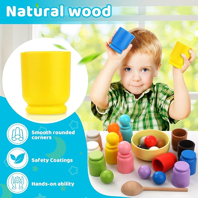 Ball in Cup Montessori Wooden Rainbow Color Sorting Toy for Toddlers - Preschool Color Matching - 12 Balls 40mm - Image 2