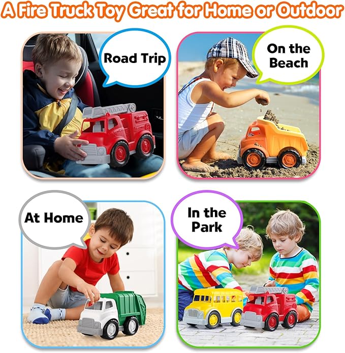 PLAY Eco-Friendly Fire Trucks, [USDA Certified] No BPA/Phthalate/PVC, Recycled Bioplastic Ladder Fire Engine Toy Gift for Boy Girl, Car Toys Vehicle Gift for Kids
