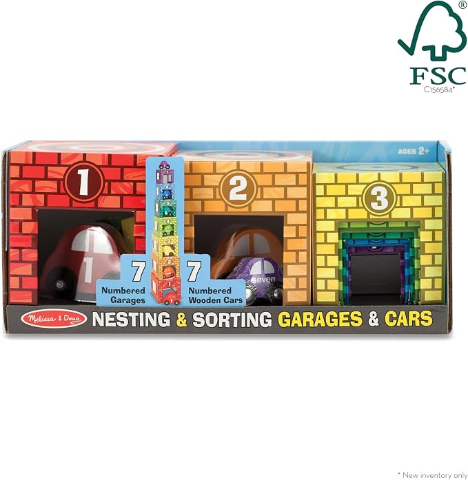Melissa & Doug Nesting and Sorting Garages and Cars with 7 Graduated Garages and 7 Stackable Wooden Cars - FSC Certified - Image 6