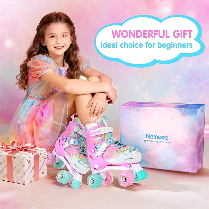 NEMONE Mermaid 4 Size Adjustable Light up Roller Skates for Girls, Purple Blue Skates for Toddlers, Beginner Kids Butterfly Roller Skates Indoor Outdoor
