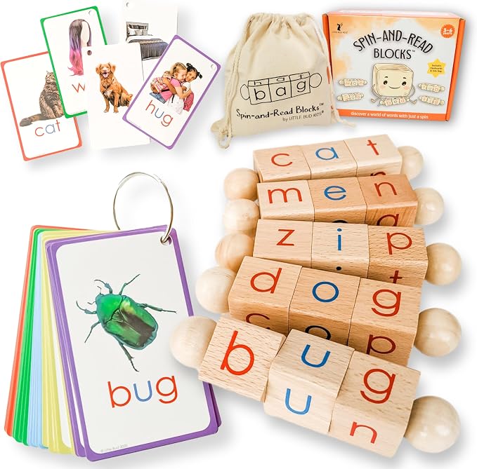 LITTLE BUD KIDS Spin-and-Read Montessori Phonetic Reading Blocks with CVC Phonics Flashcards for Beginner Readers, Montessori Reading Wooden Toys for 3 Years + by LittleBudKids