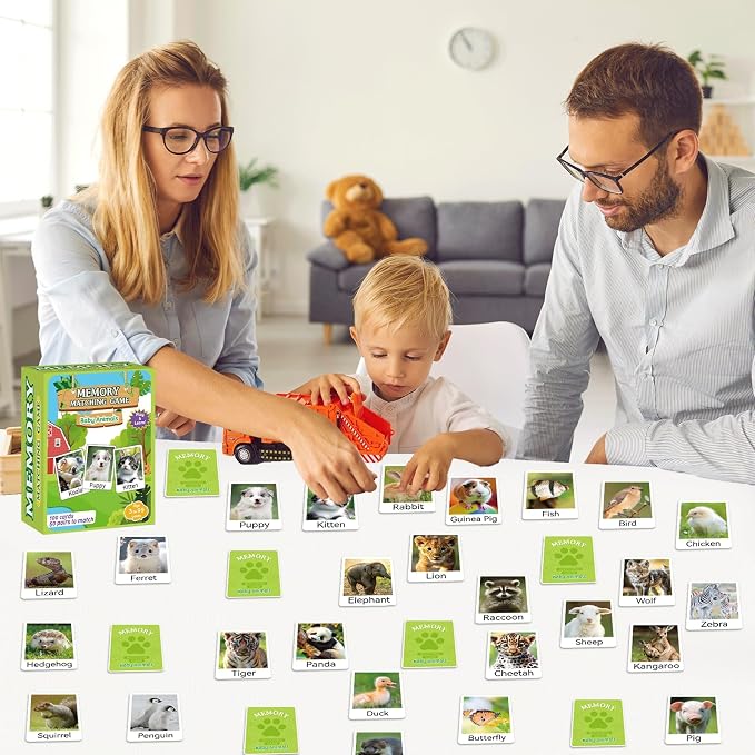 gisgfim 100 PCS Memory Matching Game Animal Babies Concentration Memory Card Educational Game for Kids Adults A Fun & Fast Baby Animals Game Toddlers Preschool Family Board Gift Matching Games - Image 6