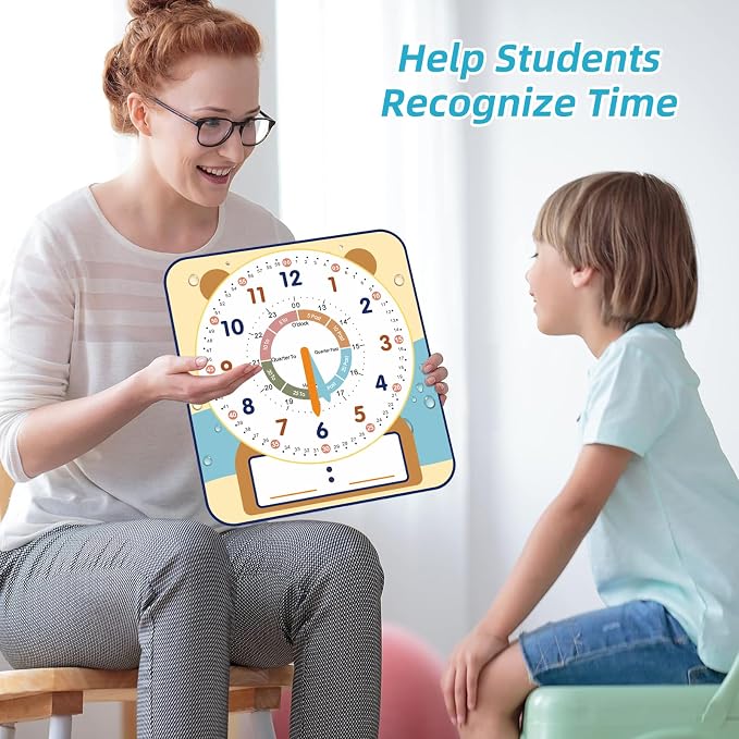 ANCOMEDO Large 12" Magnetic Writable Dry Erase Teaching Clock with Cute Style, Teaching Demonstration Clock for Kids Learning Practice Time for Home School Classroom Supplies (12" x11"-Beige) - Image 3