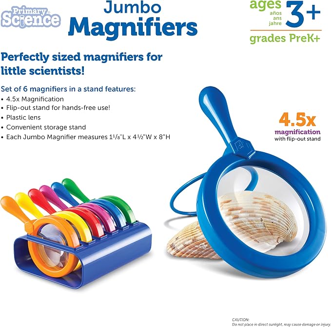 Learning Resources Primary Science Jumbo Magnifiers with Stand - 6 Pieces, Ages 3+, Science Classroom Accessories, Teacher Supplies, Observation Toys for Kids, Back to School Supplies - Image 8