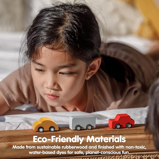 PlanToys® Mini Car Set Wooden Montessori Vehicle Set | Early Movement, Imagination and Practical Life Exploration | Eco Friendly Mini Car Set for Indoor and Outdoor Play