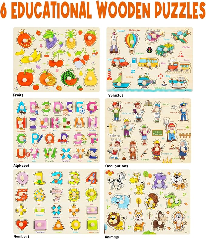 Wooden Peg Puzzles for Toddlers, 6 Pack Toddler Puzzles Set for 3 4 5 Years Old, Preschool Education Learning Puzzle Toys for Girls and Boys (Alphabet Number Animal Vehicle Fruit Occupation) - Image 3