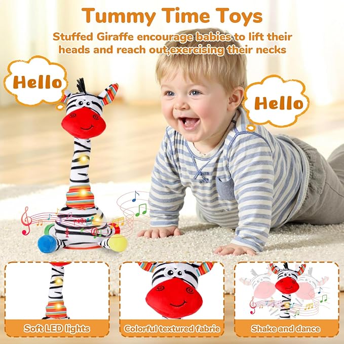 Dancing Talking Zebra Stuffed Animal, Interactive Mimicking Recording Repeating Zebra Plush, Singing 10 Children's Songs, Tummy Time Light Up Toy for Toddlers 1-3 Years, Forest Birthday Party Gifts