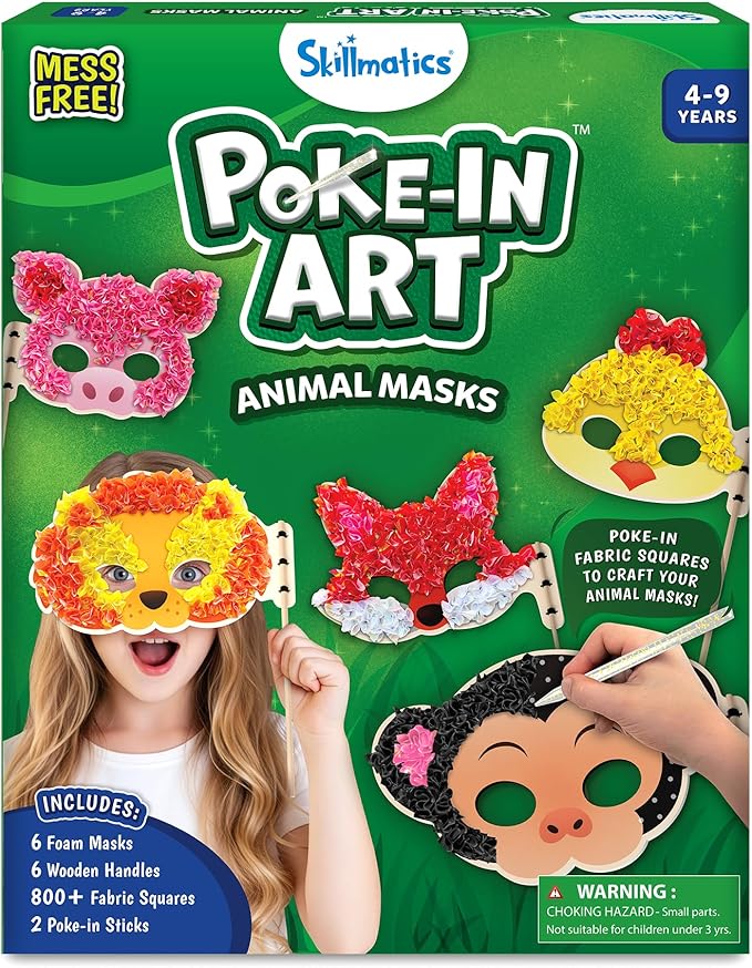 Skillmatics Poke-in Art - Animal Masks, Mess-Free Fun for Kids, DIY Wood Craft Kits, Creative Activity, Gifts for Girls & Boys Ages 4, 5, 6, 7, 8, 9