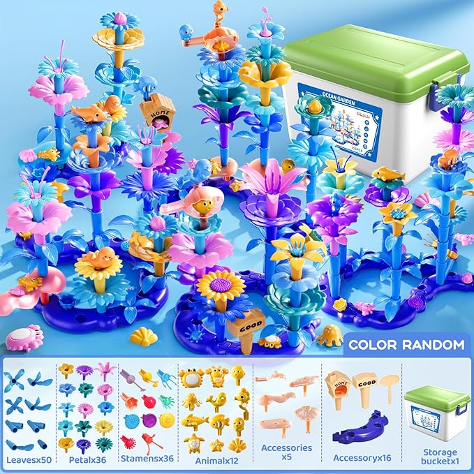 155 Pcs 3 Year Old Girl Gifts,Flower Garden Building Toy Set Toddlers Toys Gifts Best Educational Learning Fine DIY Crafts Stem Construction Stacking Kit,for 3 4 5 6 7 Year Kids Birthday
