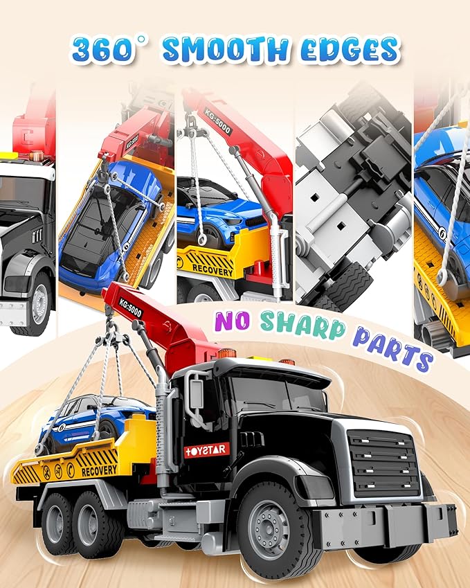 Kids Toys for 3 4 5 6 7 Years Old Boys, 15" Large Tow Truck Toy, Friction Powered Transport Toy Trucks with Lights and Sounds, Birthday Gifts for Boys & Girls with Racing Car