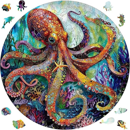 Reouinty Wooden Puzzle for Adults 500 Piece, Octopus Ocean Jigsaw Puzzles, Unique Shape Animal Adult Puzzles, Wall Decor, Wood Gift for Adults and Kids Family Game 15.6x15.6 in