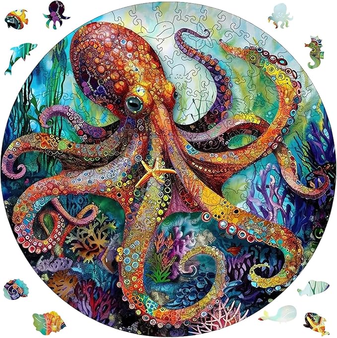 Reouinty Wooden Puzzle for Adults, Octopus Jigsaw Puzzles 200 Piece, Unique Shape Animal Adult Puzzles, Irregular Wood Puzzles Best Gift for Adults Family Game 11.2 x 11.2 in