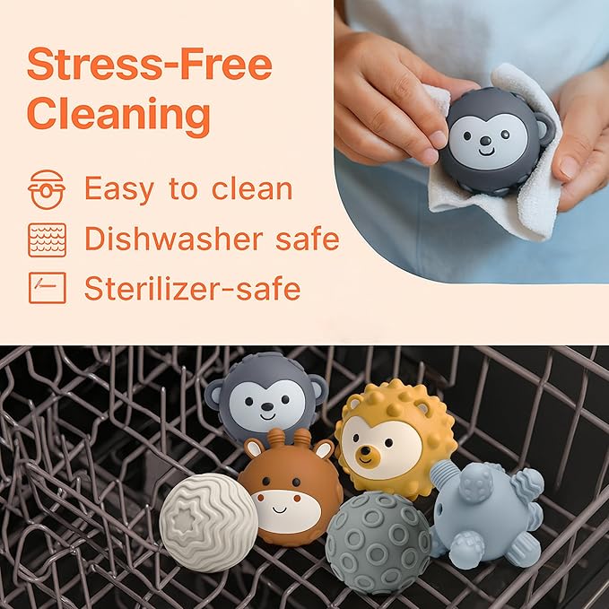 6-Pack Baby Sensory Balls, Textured & Animal Face Toddler Balls, BPA-Free Soft Teething Toys, Montessori Developmental Toys for Babies 6-12 Months, Christmas Gift for Infant