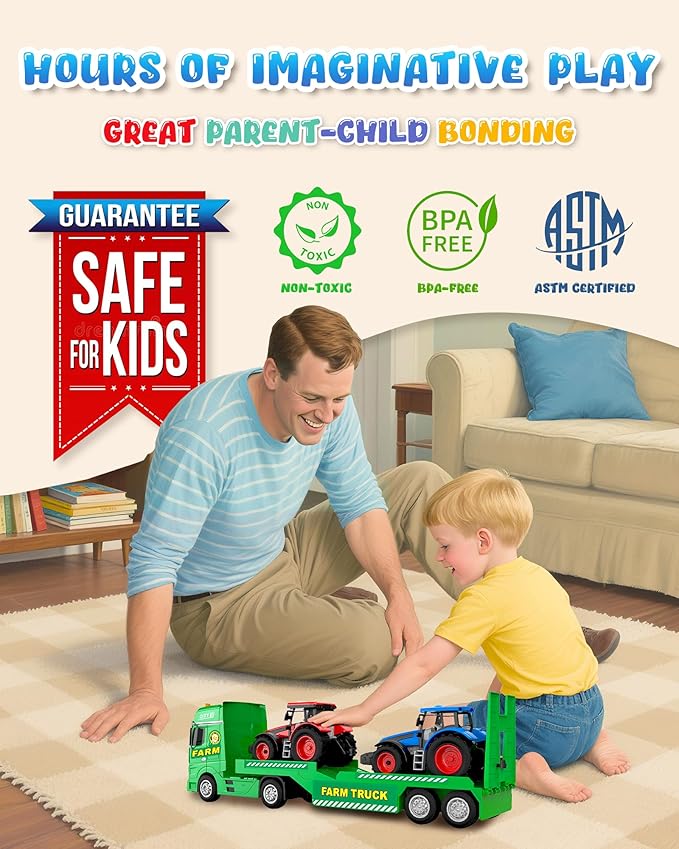 Toddler Toys for 3 + Years Kids, 25" Large Flatbed Semi Truck Toy with 2 Tractors, Friction Powered Vehicles Toys for Kids, Birthday Gifts for Boys and Girls