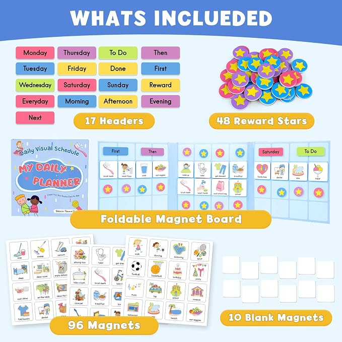 Magnetic Visual Schedule for Kids - Morning & Bedtime Routine Chart with 96 Activity Magnets, Foldable Board for Daily Routine, Chore Organizer & ADHD Tools - Image 2