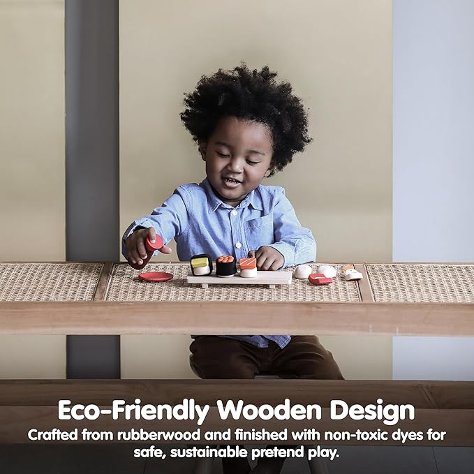 PlanToys® Wooden Pretend Play Food Sushi Kit for Kids | Kitchen Toy Includes Sushi Rolls, Nigiri, Soy Sauce Bottle & Serving Tray | Montessori Kitchen Role Play Toy for Toddlers