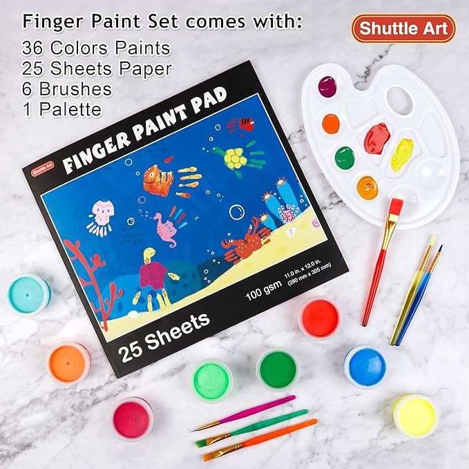 Shuttle Art Washable Finger Paint, 44 PCS with 36 Colors (1 fl oz) Toddler Paint, Paint Brushes, Palette, Non-Toxic Finger Painting for Toddlers