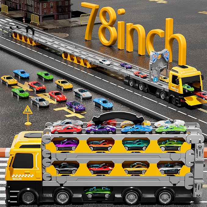 78-Inch Cars Trucks Toys for Toddler 1-3 2-4 3-5 4-7 Years Old Boys Kids, Transport Truck Toy with 24 Pcs Die-Cast Cars, Toys Gifts for 3 4 5 6 Year Old Boy, Toddler Boy Toy Ages 3-5 4-7