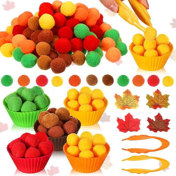 Hotop 312 Pieces Fine Motor Toys Counting Sorting Fall Thanksgiving Decorations 100 Pcs Assorted Pompoms 200 Pcs Artificial Maple Leaves 2 Pcs Tweezers 10 Pcs Cups for Autumn Thanksgiving Decoration by Hotop