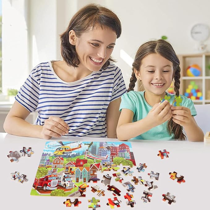 LELEMON Puzzles for Kids Ages 4-8 Transportation Vehicles Jigsaw Puzzles for Kids Boys Girls 100 Pieces Fire Truck Car Learning Educational Puzzles in a Metal Box - Image 6