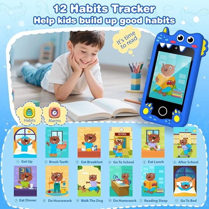 M SANMERSEN Dinosaur Smart Phone for 3 4 5 Year Old Kids, 2.8" Touchscreen Toddler Phone Toy, Dual Camera 28 Learning Games, MP3 Music Player, Built-in 32G SD Card
