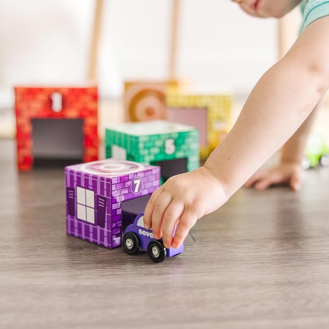 Melissa & Doug Nesting and Sorting Garages and Cars with 7 Graduated Garages and 7 Stackable Wooden Cars - FSC Certified - Image 3