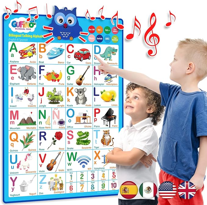 English & Spanish Alphabet Poster - Interactive Bilingual Toys for Toddlers by GUFINO