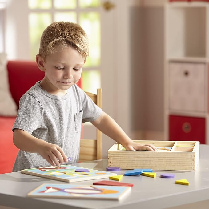 Melissa & Doug Beginner Wooden Pattern Blocks Educational Toy with 5 Double-Sided Scenes and 30 Shapes Puzzles for Kids 3+ - Image 3