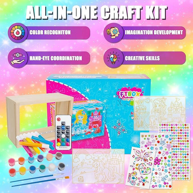 FTBox Unicorn Mermaid DIY Night Light Painting Kit - Wood Arts and Crafts Kits for Girls Age 4-6-8-12, Kids Paint Craft Kits, Creative Painting Gifts for Girls