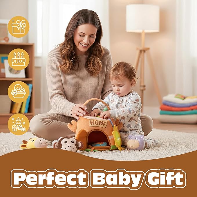 Baby Toys 6-12 Months - Tree Stump with 5 Stuffed Safari Animals, Soft Busy Montessori Toys with Rattle, Crinkle, Squeaker, Mirror, Sensory Toys for Toddlers 1-3, Christmas Birthday Gift