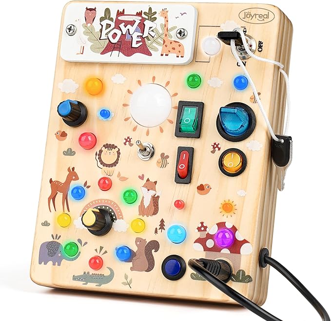 Joyreal Wooden Busy Board with LED Lights, Montessori Sensory Toys for Toddlers, Activity Fidget Board Travel Toys for Fine Motor Skills & Learning, Gifts for 1-3 Year Old Boys & Girls (Forest Theme)