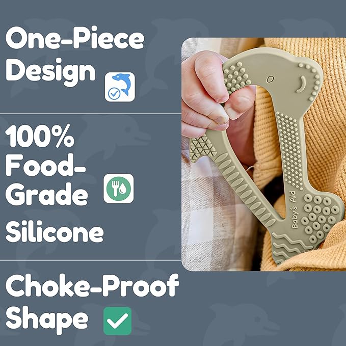 Dolphin Silicone Teether Toy with 8 Texture Zones, Easy Grip for Little Hands, Ages 3M+, Baby’s Aid (Olive)