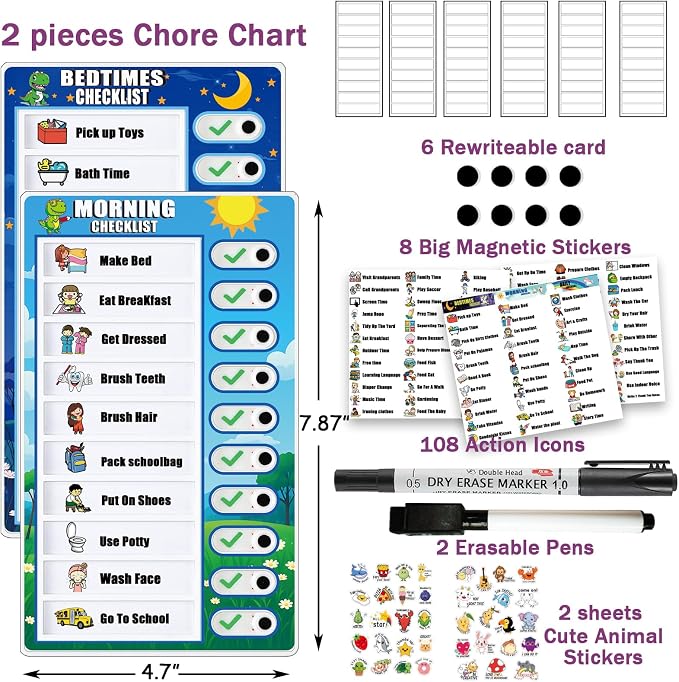 Kids Chore Chart Dry Erase Task Board Magnetic Daily Routine Checklist with Markers Stickers Detachable Cards, Visual Schedule Routine Chart for Kids (Dinosaur Routine Chart) - Image 2