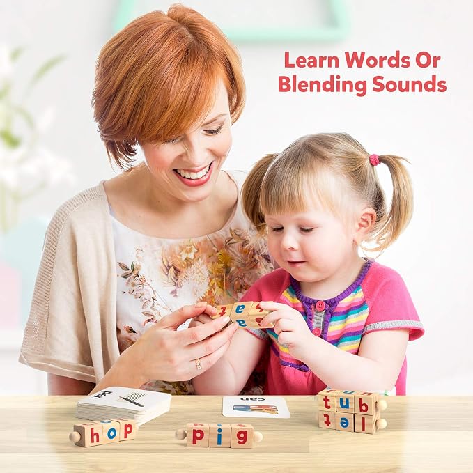 Coogam Wooden Reading Blocks Short Vowel Rods Spelling Games, Flash Cards Turning Rotating Letter Puzzle for Kids, Site Words Montessori Spinning Alphabet Learning Toy for Preschool Boys Girls - Image 4