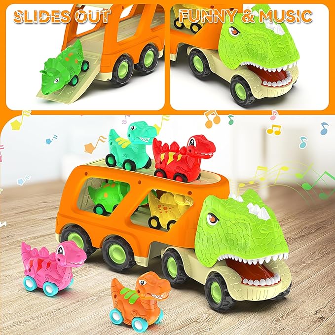 Veslier Dinosaur Toys for Kids 2-4 3-5 with 6 Dinosaur Car Vehicles, Dino Transport Carrier Truck with Music and Roaring Sound Christmas Birthday Gift for 2+ Year Old Boys.