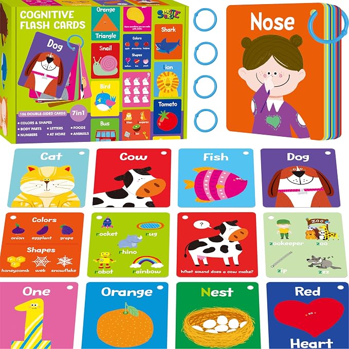 110 PCS Early Learning Flashcards, Double Sided Cards- Alphabet, Numbers, Foods, Animals, Shapes, Colors, Home Object with 4 Reclosable Rings, Learning Tool for Pre-K Kindergarten Toddlers by SpriteGru