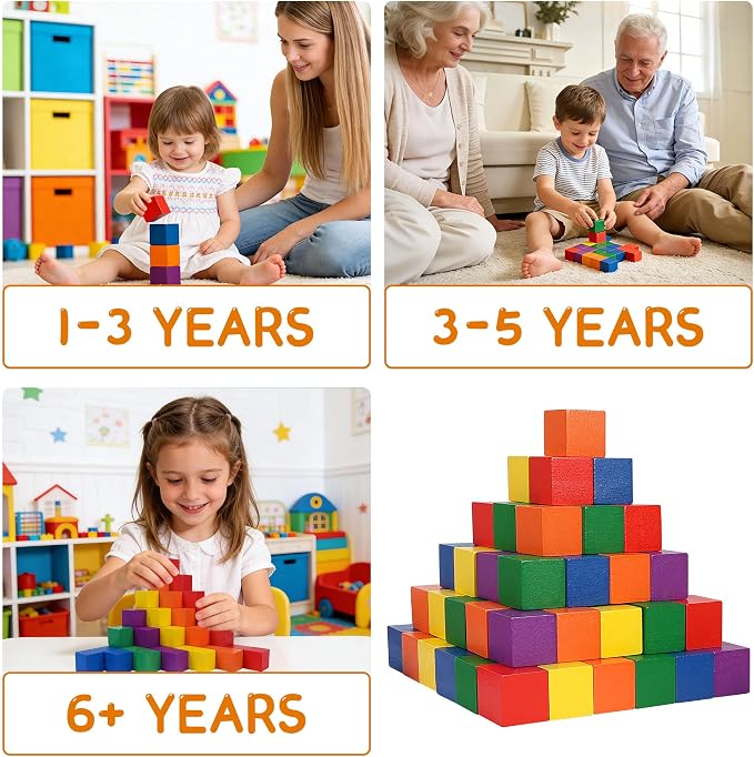 Offelec 108 Pack 1 Inch Wooden Blocks, 6 Colors STEM Math Sorting Toys, Wood Building & Stacking Blocks for Toddlers, Classroom Learning Wooden Cube Blocks, Creative Play & DIY Craft for Kids Ages 3+ - Image 5
