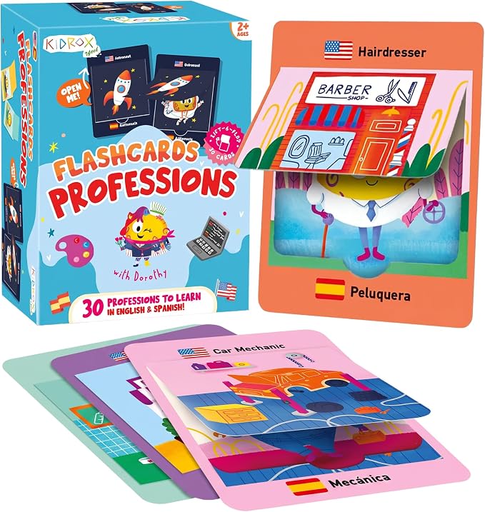 Kidrox Career & Professions Flash Cards, English Learning Cards with Spanish Translations, Interactive Open & Cover, 30 Pack by Kidrox