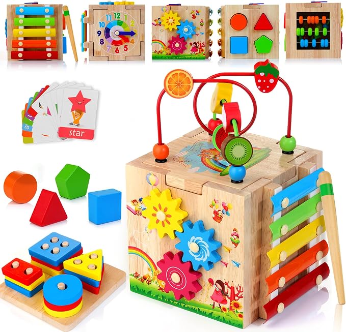 HELLOWOOD 8-in-1 Wooden Activity Cube for Kids, Sorting & Stacking Toys by HELLOWOOD