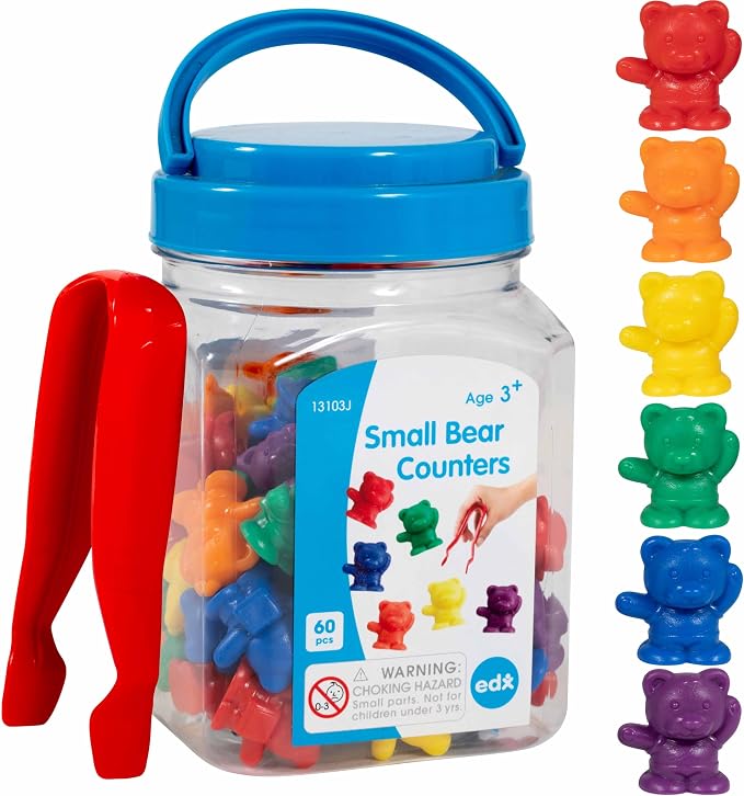 edxeducation Small Bear Counters - Mini Jar - Set of 60 - Early Math Manipulatives - Bear Counters, Tweezers and Actvity Guide - Home Learning by EdxEducation