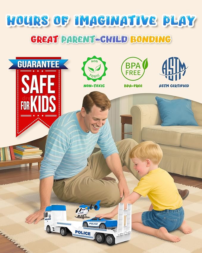 Toddler Boy Toys for 3 + Year Old, Large Semi Truck Toy with Racing Car and Helicopter Toy， Police Car Toy, Birthday for Kids Child Over 3 Years Old, 25''