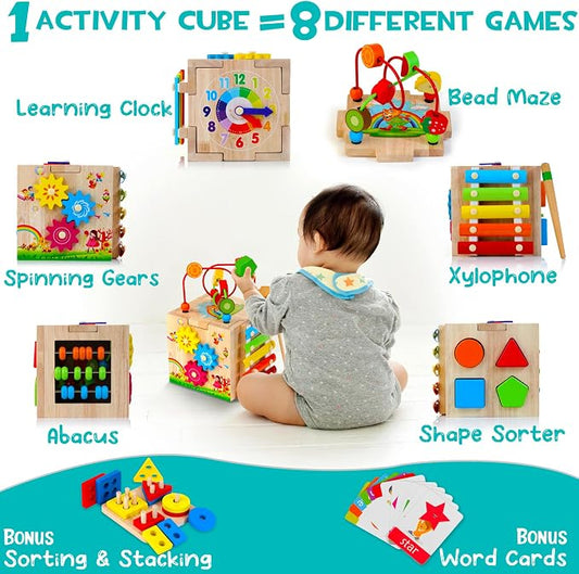 HELLOWOOD Wooden Activity Cube, 8-in-1 Montessori Baby Toys for 1+ Year Old - Image 2