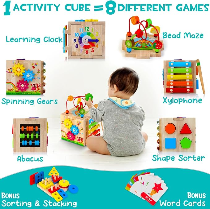 HELLOWOOD 8-in-1 Wooden Activity Cube for Kids, Sorting & Stacking Toys - Image 2