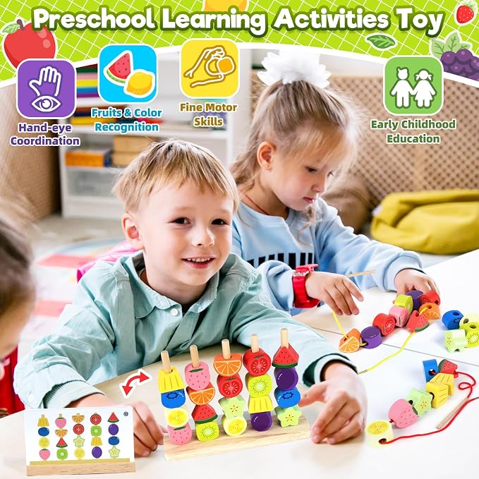 Montessori Wooden Beads Stacking Toys: 2 3 4 Year Old Boys Girls Birthday Gifts - Toddler Sequence Game & Sorting Blocks & Lacing & Matching Shape - Preschool Learning Activities for 2-5 Years Kids - Image 2
