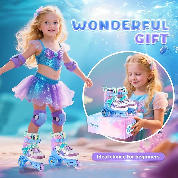 NEMONE Mermaid 4 Size Adjustable Light up Roller Skates for Girls, Purple Blue Skates for Toddlers, Beginner Kids Butterfly Roller Skates Indoor Outdoor