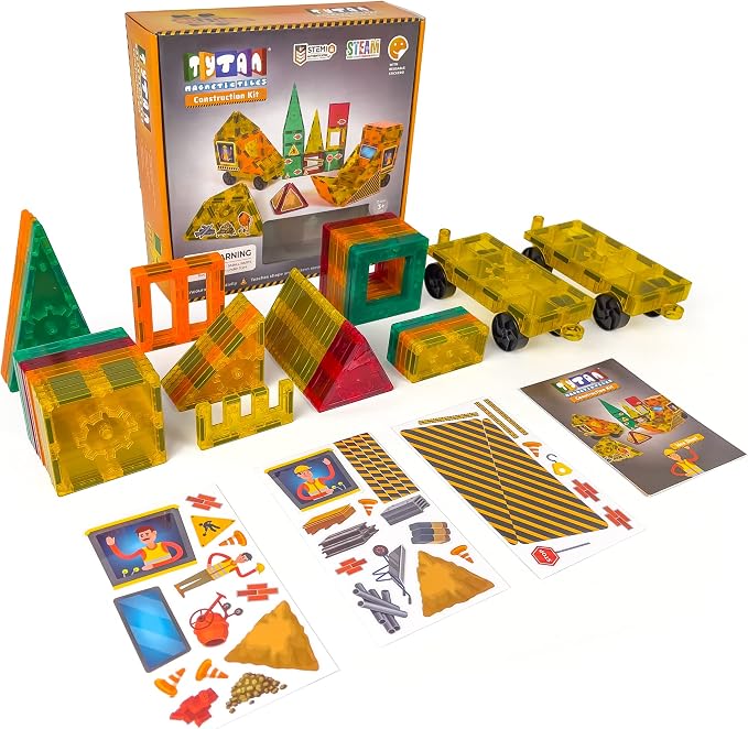 Tytan Tiles Construction Site & Trucks 60-Piece Magnetic Tiles Building Set, Fun Kids’ STEM Toy, Creative Play, Shape & Pattern Recognition, Fine Motor Skills, Includes Storage Bag, Ages 3 and Up - Image 3